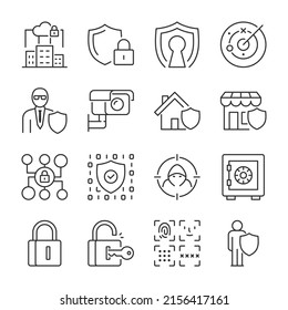 Security and protection system icons set. Digital safety and control, linear icon collection. Line with editable stroke