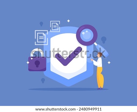 security and protection technology. analysis or scanning of files and documents. antivirus, preventing and detecting threats. illustration of shield with check, padlock, magnifying glass. concept 