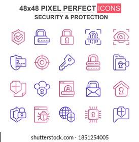 Security and protection thin line icon set. Password, key, padlock, fingerprint, firewall, bug, shield unique icons. Outline vector bundle for UI UX design. 48x48 pixel perfect linear pictogram pack.