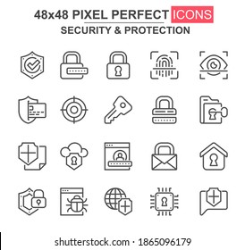 Security and protection thin line icon set. Password, key, padlock, fingerprint, firewall, bug, shield unique icons. Outline vector bundle for UI UX design. 48x48 pixel perfect linear pictogram pack.