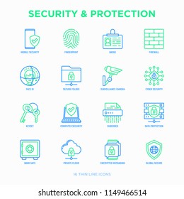 Security and protection thin line icons set: mobile security, fingerprint, badge, firewall, face ID, secure folder, surveillance camera, keyset, shredder, encrypted messaging. Vector illustration.