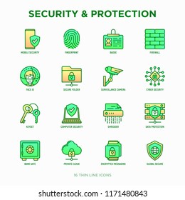 Conjunto de iconos de línea delgada de seguridad y protección: seguridad móvil, huella digital, placa, cortafuegos, ID de cara, carpeta segura, cámara de vigilancia, juego de claves, triturador, mensajería encriptada. Ilustración vectorial.