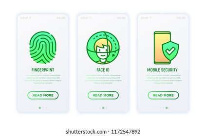 Security and protection thin line icons set: fingerprint, face ID, mobile security. Vector illustration for user mobile app.