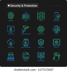 Security and protection thin line icons set: mobile security, fingerprint, firewall, face ID, secure folder, surveillance camera, shredder, bank safe, encrypted messaging. Modern vector illustration.