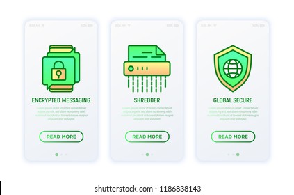 Security and protection thin line icons set: shredder, encrypted messaging, global secure. Vector illustration.