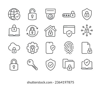 Iconos de la línea delgada de protección y seguridad. Para diseño de marketing de sitios web, logotipo, aplicación, plantilla, ui, etc. Ilustración vectorial.