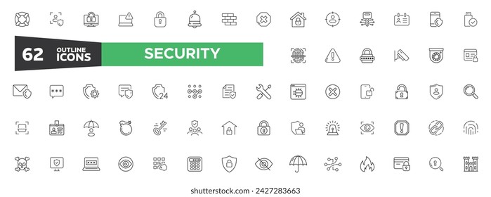 seguridad y protección conjunto de iconos de línea delgada. ciberseguridad, contraseña, hogar inteligente, seguridad, protección de datos, llave, escudo, bloqueo, desbloqueo, acceso ocular. Ilustración vectorial.