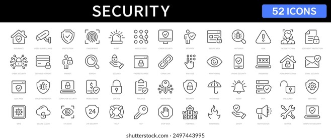 Conjunto de iconos de línea delgada de seguridad y protección. Iconos de trazo editables de seguridad. Símbolos de protección colección. Vector