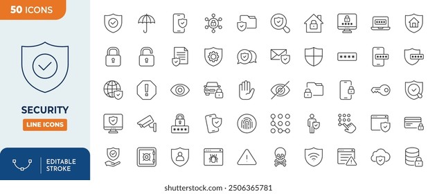 Security and Protection thin line icons set. Vector illustration in modern thin line style of editable protection symbols: cybersecurity, passwords, warnings, personal data protection, and more.