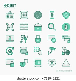 Security and protection thin line icons: data, surveillance camera, finger print, electronic key, password, alarm, safe. Vector illustration.