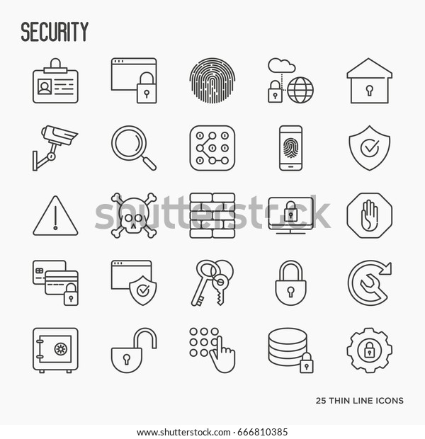 セキュリティと保護の細線のアイコンセット データ 監視カメラ 指紋 電子キー パスワード 警報器 安全 ベクターイラスト のベクター画像素材 ロイヤリティフリー