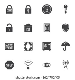 Security protection vector icons set, modern solid symbol collection, filled style pictogram pack. Signs, logo illustration. Set includes icons as padlock, lock key, protection shield, safety box