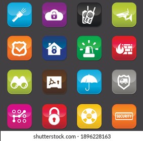 Security and protection vector icons for user interface design. Colored buttons on a dark background