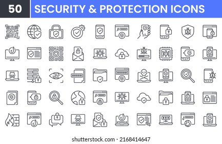 Security and Protection vector line icon set. Contains linear outline icons like Computer Network Security, Cyber Security, Firewall, Shield, Password, Internet, Phishing. Editable use and stroke.