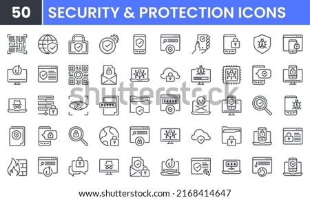 Security and Protection vector line icon set. Contains linear outline icons like Computer Network Security, Cyber Security, Firewall, Shield, Password, Internet, Phishing. Editable use and stroke.