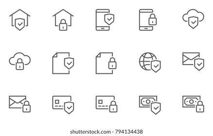 Security and Protection Vector Line Icons Set. Contains Global Security, Data Protection and more. Editable Stroke. 48x48 Pixel Perfect.