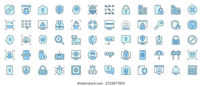 Sicherheitsschutz Web-Icons im Line-Design gesetzt. Duotone Piktogramm Paket von Link, Kamera-Überwachung, Schloss, schützen, Fingerabdruck Scannen, Passwort, mehr Kontur Strichzeichen. Vektorgrafik.