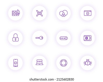 security purple color outline vector icons on light round buttons with purple shadow. security icon set for web, mobile apps, ui design and print