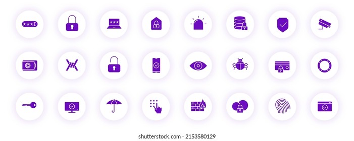 security purple color silhouette icons on light round buttons with purple shadow. security vector icon set for web, mobile apps, ui design and print
