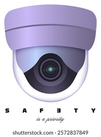 Security. Purple dome surveillance camera with modern design and text emphasizing safety as a priority. Monitoring, protection, safety systems, video surveillance, advanced security technology