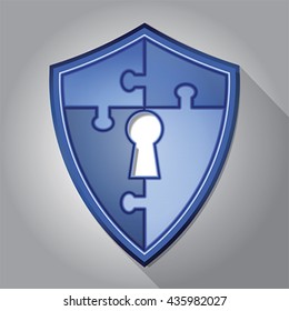 Security puzzle flat icon with shield and Keyhole, vector 