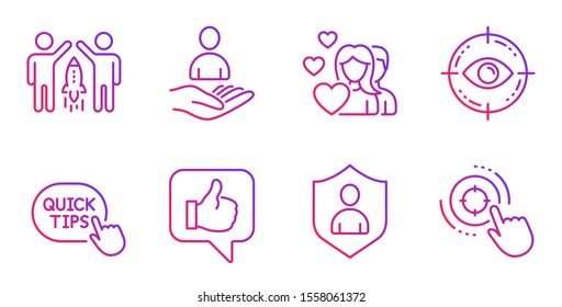 Security, Quick tips and Partnership line icons set. Couple, Eye target and Like signs. Recruitment, Seo target symbols. Private protection, Helpful tricks. People set. Gradient security icon. Vector