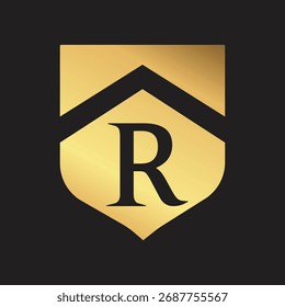 Design des Sicherheits-R-Logos. Design des Sicherheitslogos. R Logo-Design. Luxuriöses R Logo Design. Symbolvektoren für Einstellung oder Betreuung. Vektorgrafik des Technologie-Symbols