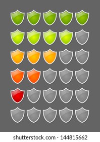 Security rating glossy shields on grey background