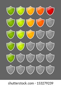 Security rating glossy shields on grey background