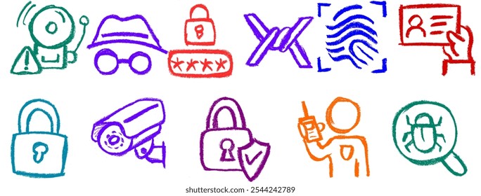 Security Related Icon Crayon Chalk Drawing Vector Set