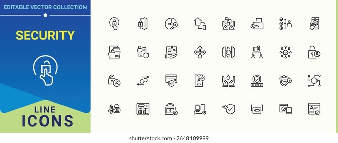 Conjunto de ícones relacionados à segurança. Contém informações relacionadas a identidade, barreira, controle de acesso, identificação, acesso, controle e muito mais. Ícone de acesso definido. Pacote de ícones minimalistas. Arte vetorial editável.