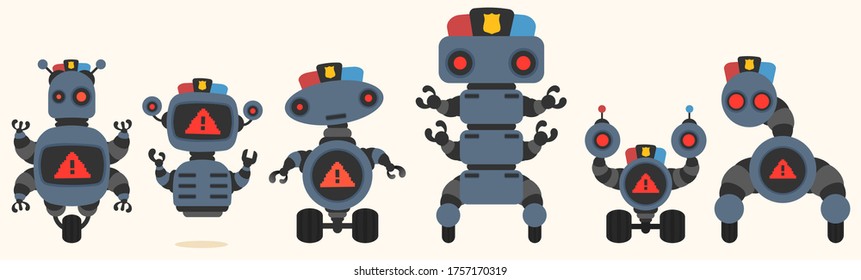 Security retro robots collection.Vector illustration of retro robots with alert. concept.