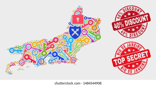 Security Rio de Janeiro State map and watermarks. Red rounded Top Secret and 40% Discount scratched watermarks. Colorful Rio de Janeiro State map mosaic of different safety icons.