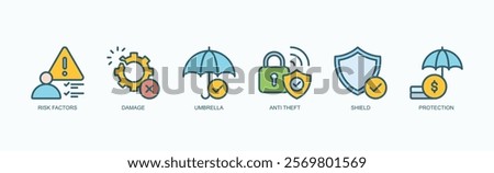Security And Risk Management Icon Set Icon Set Isolated Vector Illustration Concept With Icon Of Risk Factors, Damage, Umbrella, Anti Theft, Shield, Protection In Outline Color Style