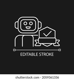 Security robot white linear icon for dark theme. Detecting potential intruder. Street patrolling. Thin line customizable illustration. Isolated vector contour symbol for night mode. Editable stroke