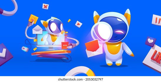 Security robots cartoon characters. Cute chatbots, artificial intelligence technology, droids, futuristic ai cyborg at pc desktop, information research and protection, Vector technological concept