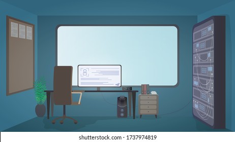 Security room. Computer, monitor, table, chair, large screen, data server. Workplace of the security service. Cartoon style. Vector.