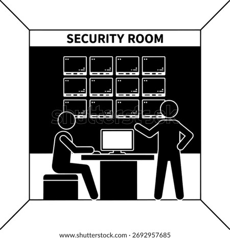 Security Room Control Center Icon, Two Guards Monitoring CCTV Video Wall
