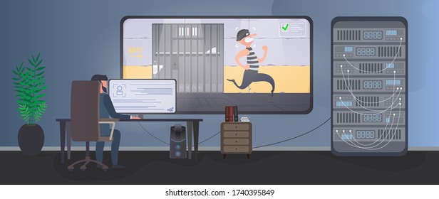 Security room. The guard recorded an escape in prison. The offender runs from the prison cell. Vector.