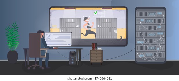 Security room. The guard recorded an escape in prison. The offender runs from the prison cell. Vector.