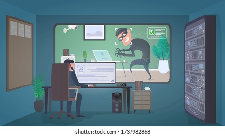 Security room. A masked thief steals a laptop. The criminal got into the apartment. The guard is watching the attacker. The concept of security and data protection. Vector.