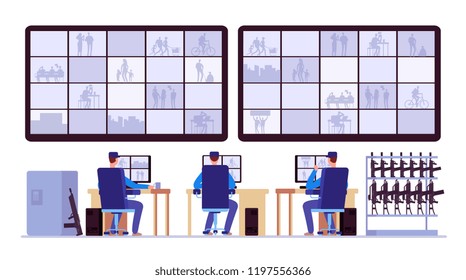 Security Room. Professionals Monitoring In Control Center With Cctv Monitors. Cctv Monitor Center Room, Monitoring Security Illustration