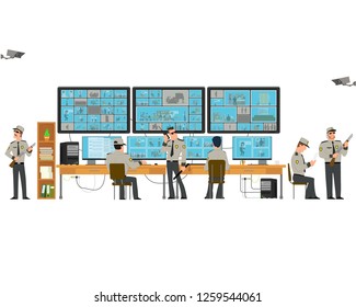 security room in which working professionals. surveillance cameras. CCTV or surveillance system concept. Vector illustration in a flat style.