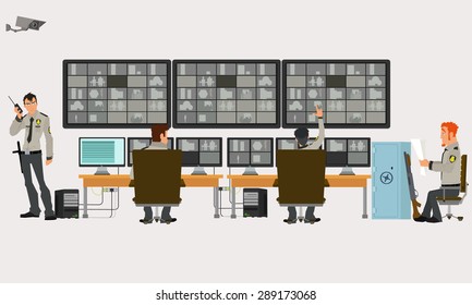 security room in which working professionals. surveillance cameras. Vector illustration in a flat style.