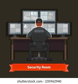 Security Room With Working Professional. Flat Style Illustration. EPS 10 Vector.