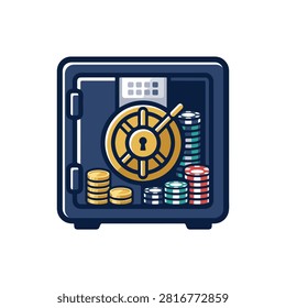 Security safe filled with gold coins and gaming chips. A blue metal safe containing stacks of gold coins and colorful poker chips. Ideal for financial security or gambling bankroll management content.
