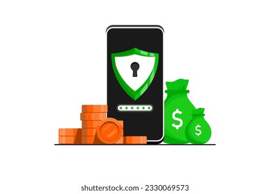 Security safe financial application concept, Smartphone with gold coin on isolated background, Digital marketing illustration.