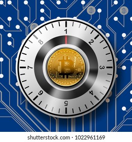 Security of the safe with Golden Bitcoin on Circuit Board pattern background. Concept cryptocurrency in financial world. Banking business. Vector illustration