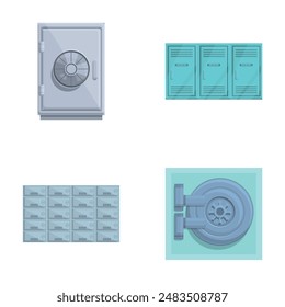 Security safe icons set cartoon vector. Armored box to protect money and jewelry. Banking service