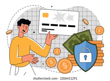 Security safe money. Man holds card with lock. Financial literacy, online banking operation. Antivirus and ways to prevent hacker attacks, identity verification. Cartoon flat vector illustration